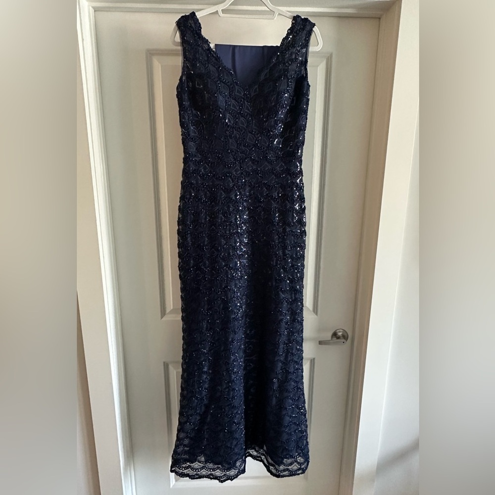 Jade Couture - 10 - Navy Blue Sequin Lace Dress w/ Shawl